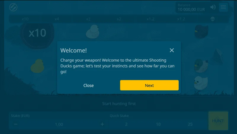 Exploding Ducks – màn hình chào mừng với lựa chọn đặt cược